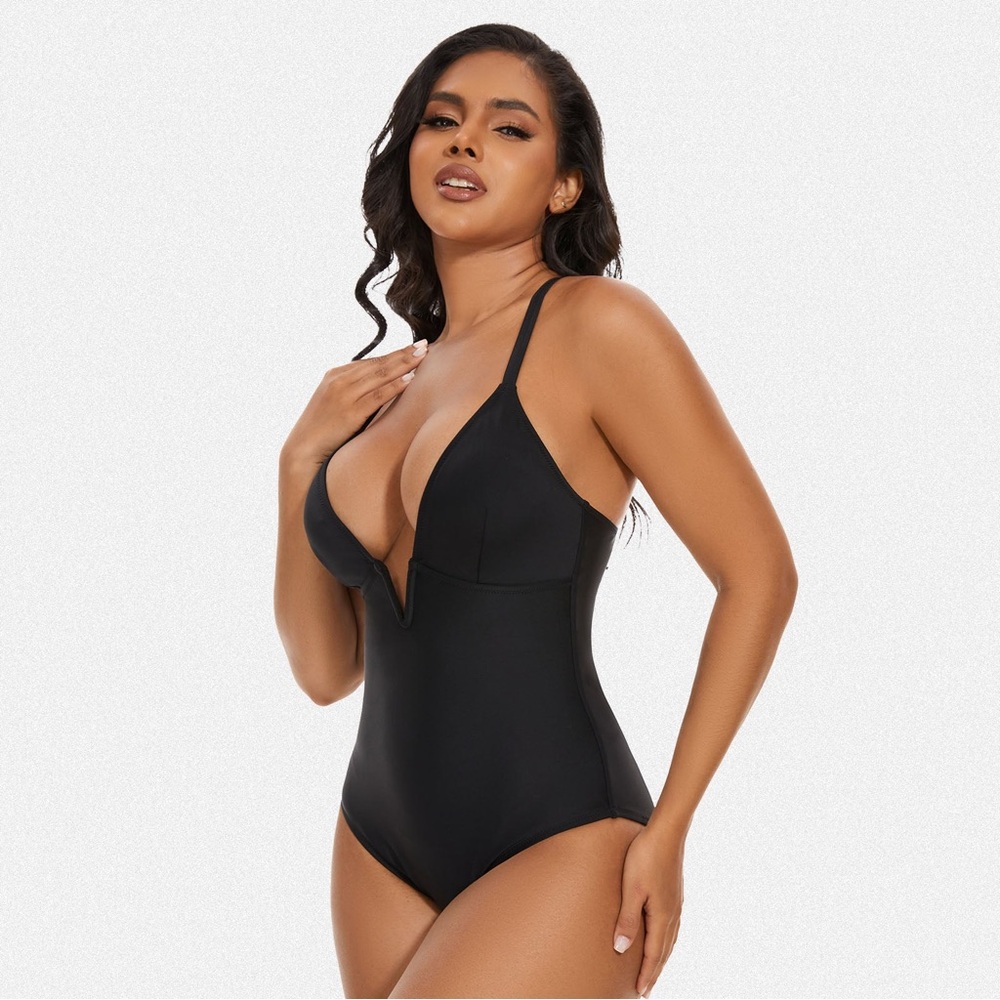 Shaperin Tummy Control Deep V Neck Shapewear Swimsuit Black Women’s Size XL - Picture 2 of 10